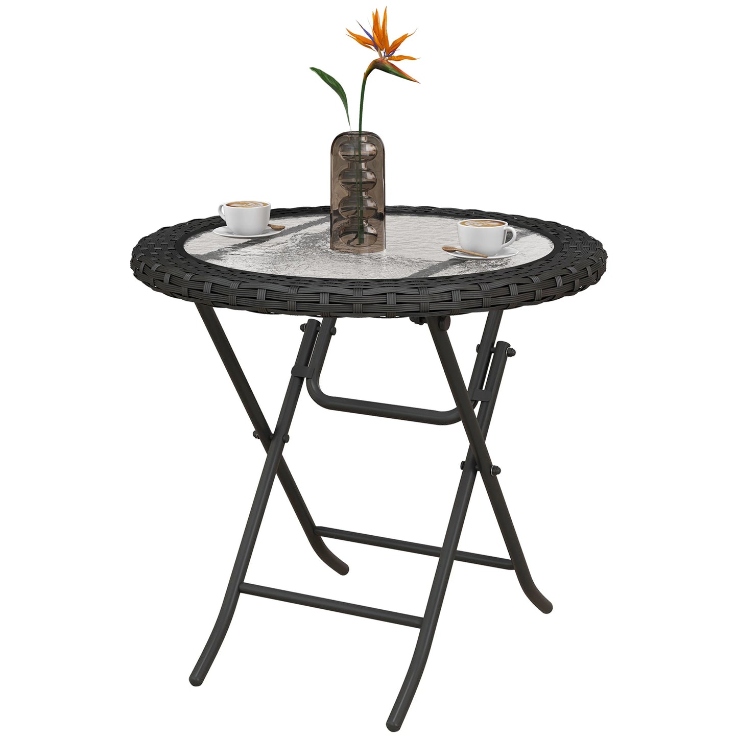 Folding Round Tempered Glass Table, Metal Frame, Black Patio Side Tables Black at Gallery Canada