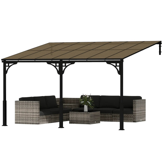 13' x 10' Lean To Gazebo, Hardtop Wall Mounted Pergola, Polycarbonate Roof, Metal-Aluminium Frame Pergolas Brown, Dark Grey at Gallery Canada