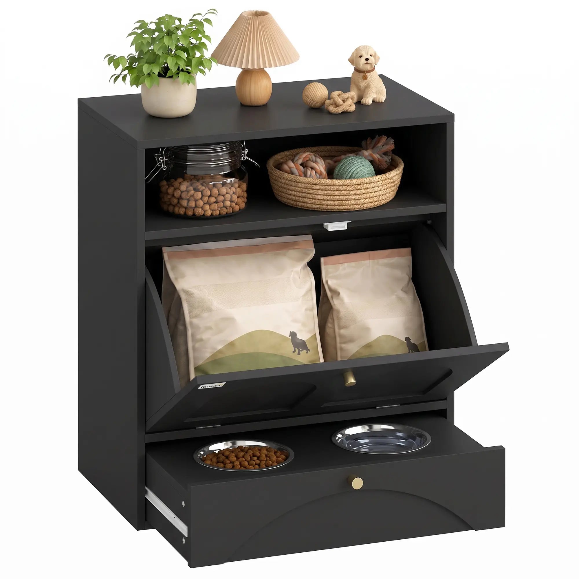 Dog Feeding Station, Food Storage Cabinet, 2 Elevated Bowls, Black Dog Bowls at Gallery Canada