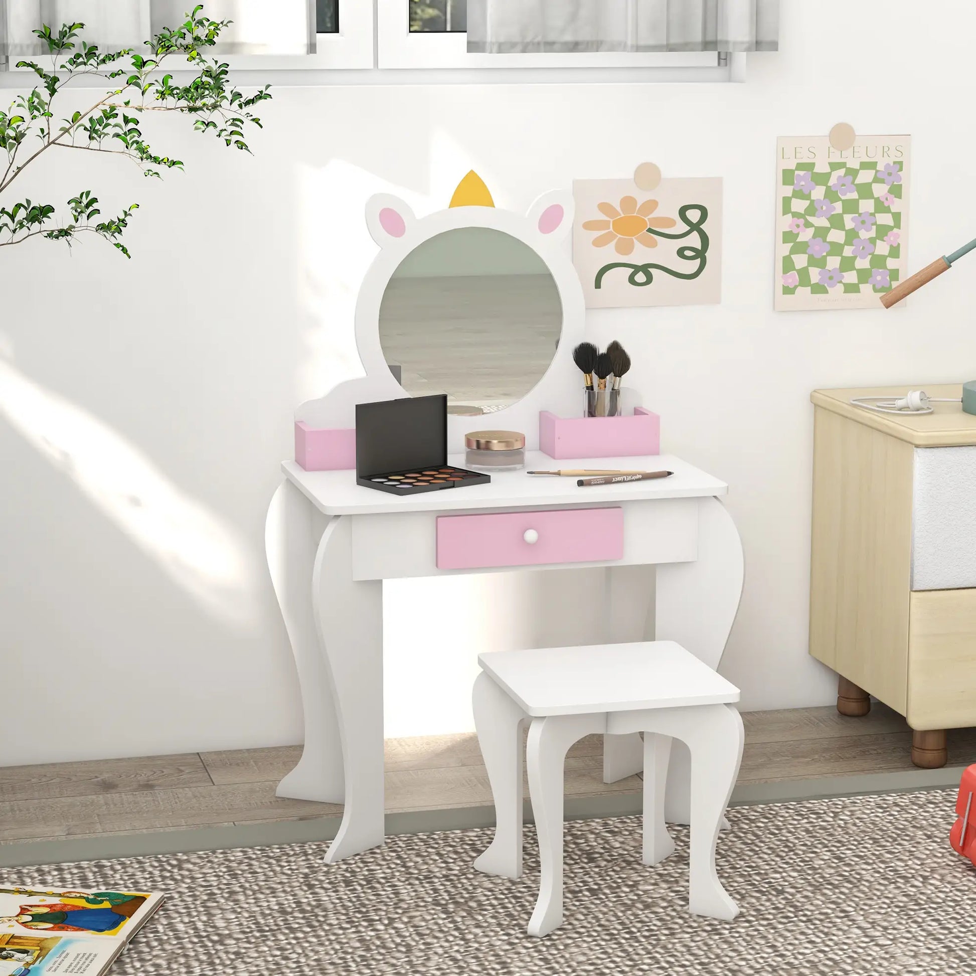 Kids Makeup Vanity Set with Stool, Mirror, Drawer, Unicorn Design, White Toy Vanity at Gallery Canada