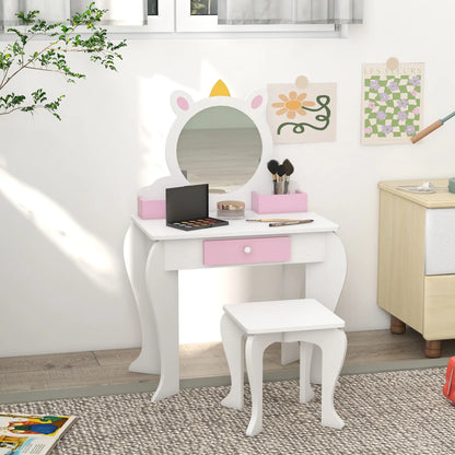 Kids Makeup Vanity Set with Stool, Mirror, Drawer, Unicorn Design, White Toy Vanity at Gallery Canada