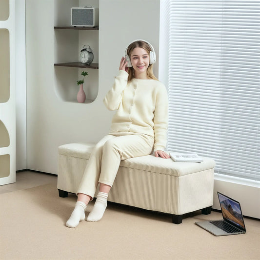 44 Inches Ottoman with Storage, Lid, Legs, Corduroy Bench, Beige Storage Ottomans & Benches Beige at Gallery Canada