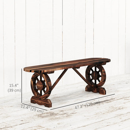 2-Person Outdoor Bench, Wood Garden Bench with Wagon Wheel Legs, Carbonized Outdoor Benches at Gallery Canada