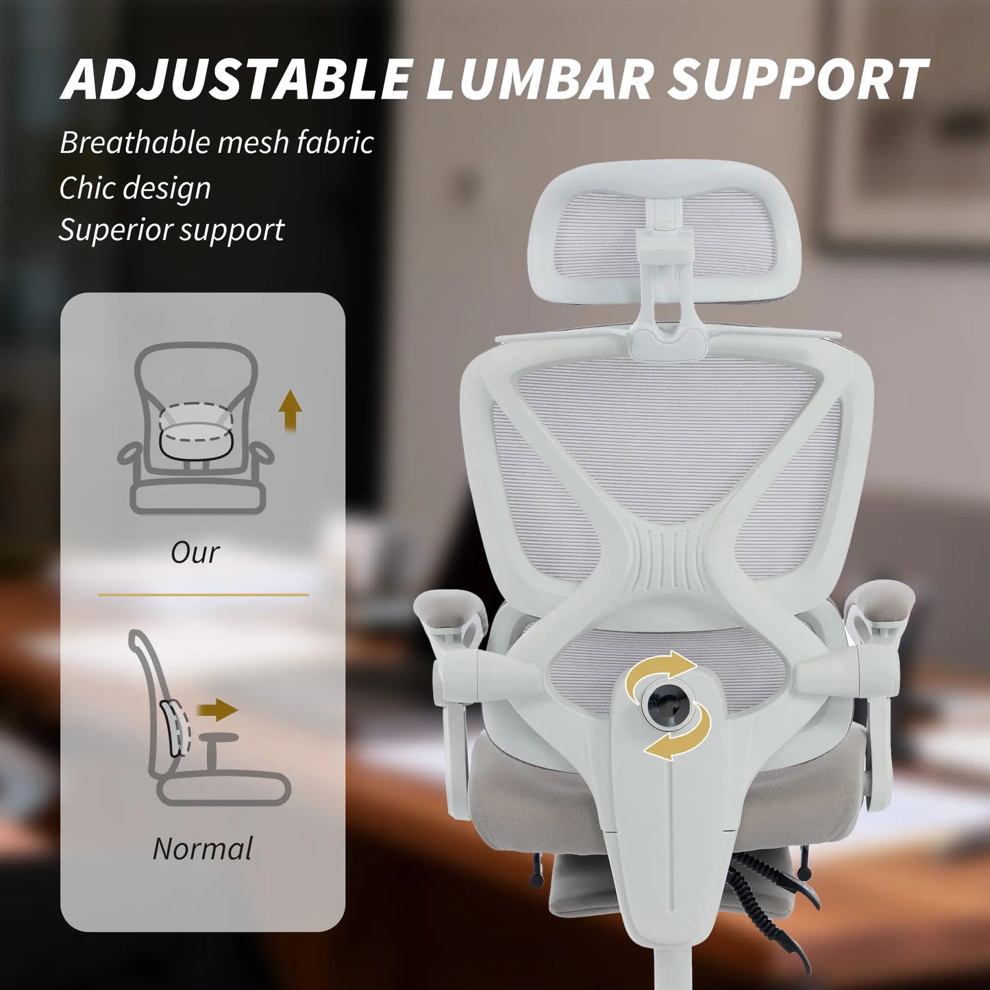 Mesh Desk Chair With Adjustable Headrest, Light Grey