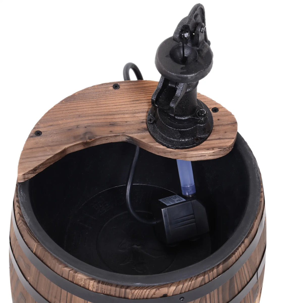 Wooden Outdoor Fountain, Electrical Barrel Waterfall, 3600r/min Pump, Carbonized Water Fountains at Gallery Canada