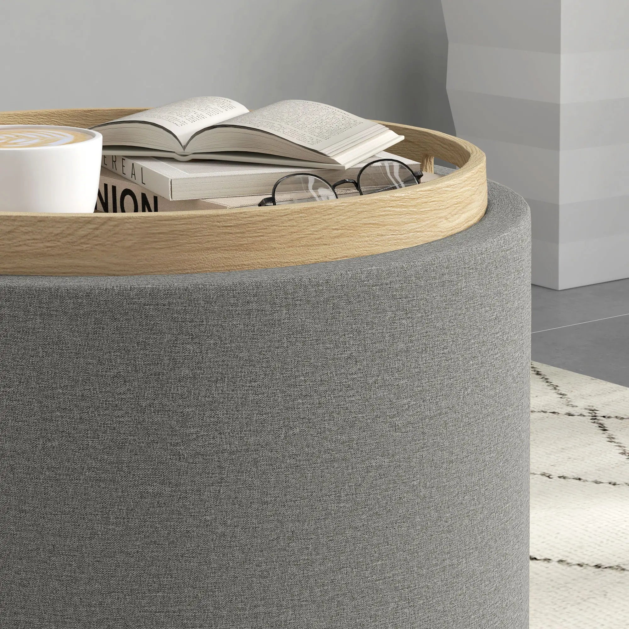 Round Coffee Table, Hidden Storage, Tray Top, Upholstered Footrest, Linen Coffee Tables at Gallery Canada