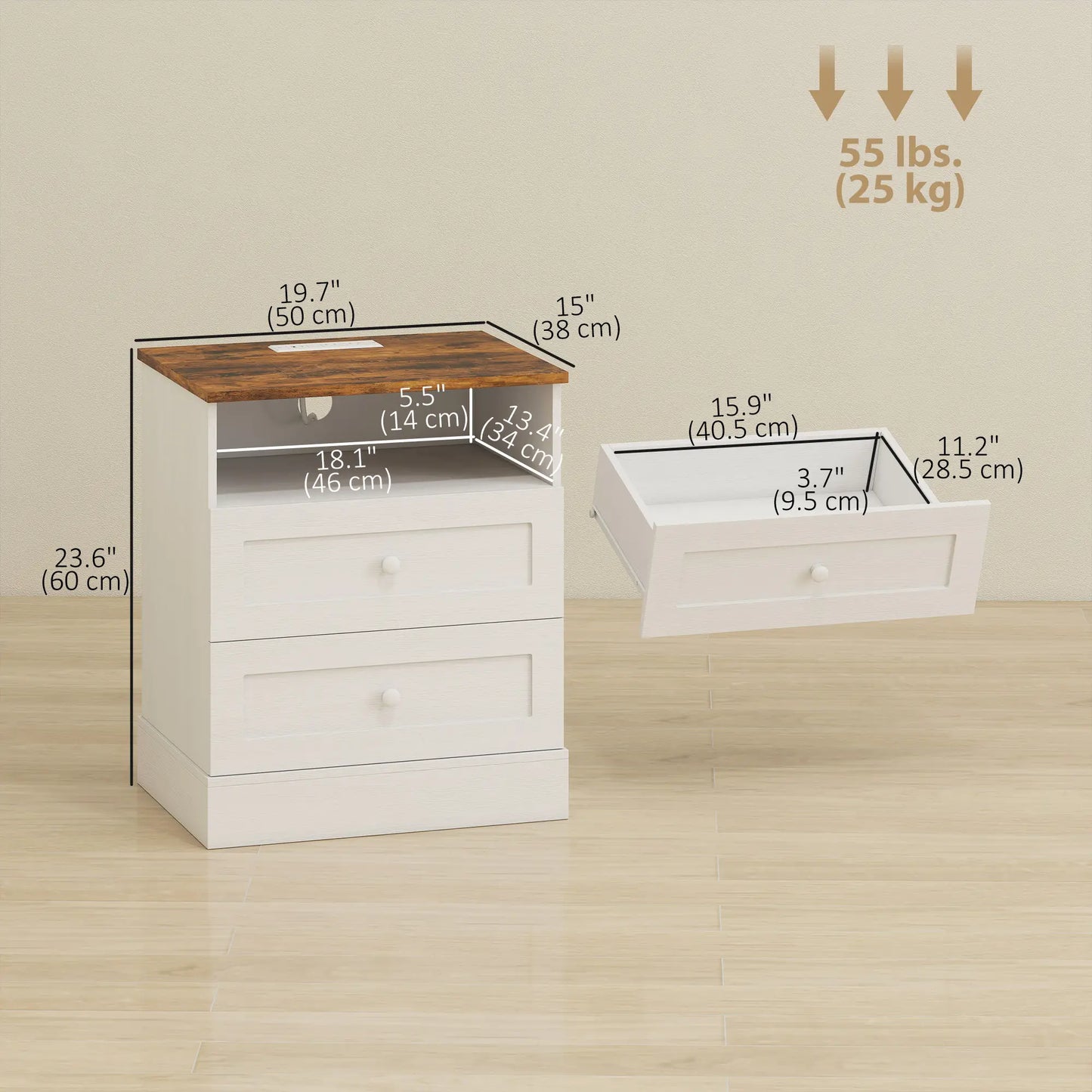 Nightstand with Charging Station 2 Drawers Bedside Table Set of 2 White and Oak