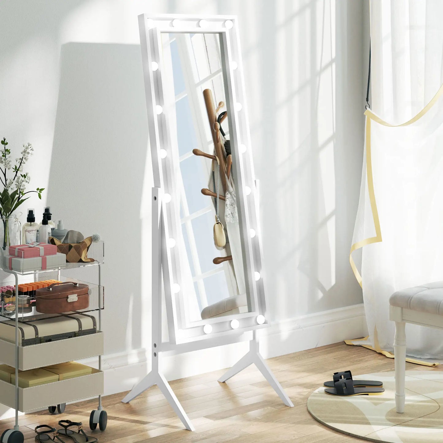 60" x 18" Free Standing Mirror with Lights, Adjustable Angles, White Full Length Mirrors at Gallery Canada