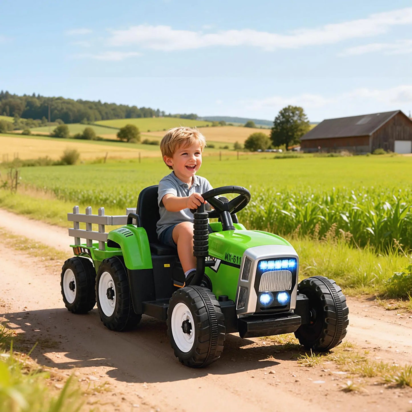 12V Kids Ride on Tractor with Trailer, Remote Control, Music, LED Lights, Green Electric Toy Cars at Gallery Canada