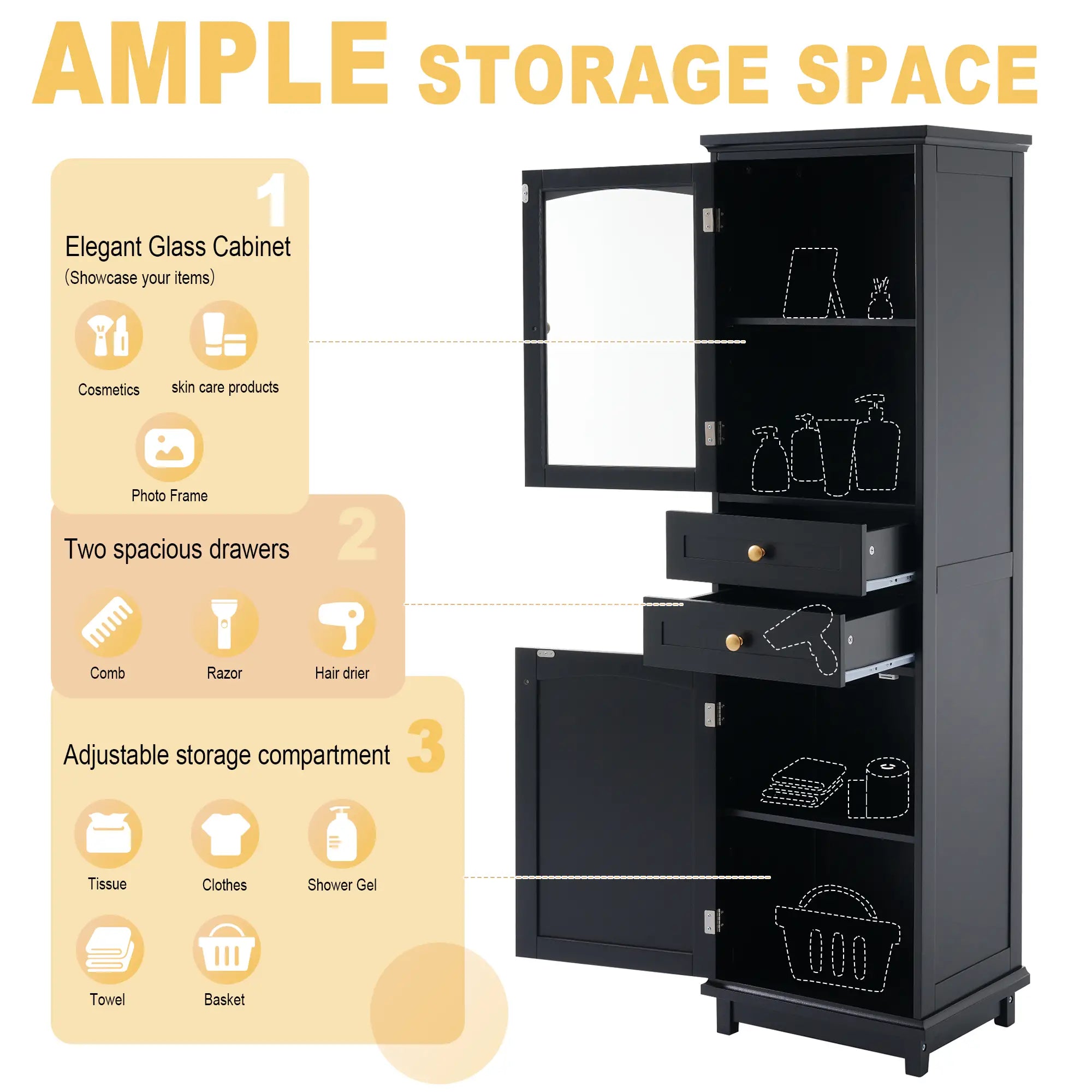 Bathroom Storage Cabinet, Glass Doors, Adjustable Shelves, 18