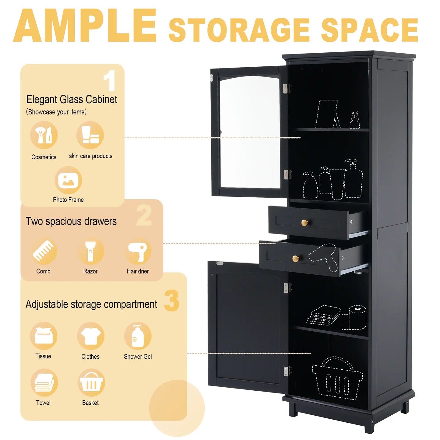 Bathroom Storage Cabinet, Glass Doors, Adjustable Shelves, 18" L x 14" W x 63" H, Black Bathroom Cabinets at Gallery Canada