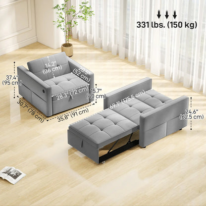 Convertible Chair Bed, Pull Out Sleeper with USB, Adjustable Backrest, Velvet Futon, Grey Single Sofas at Gallery Canada