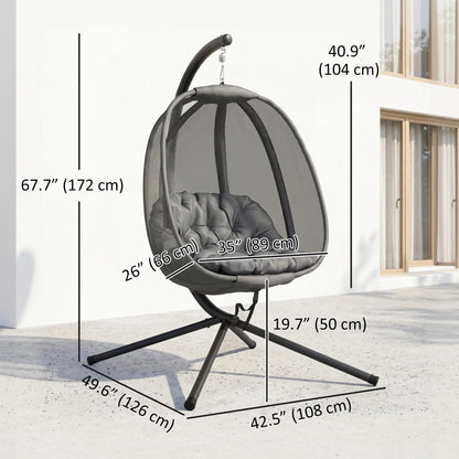 Hanging Egg Chair, Outdoor Swing with Stand, Folding Basket, Grey