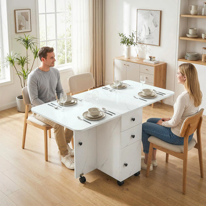 Drop Leaf Dining Table, Mobile Folding Table With Drawers, Marble White, White Dining Tables at Gallery Canada