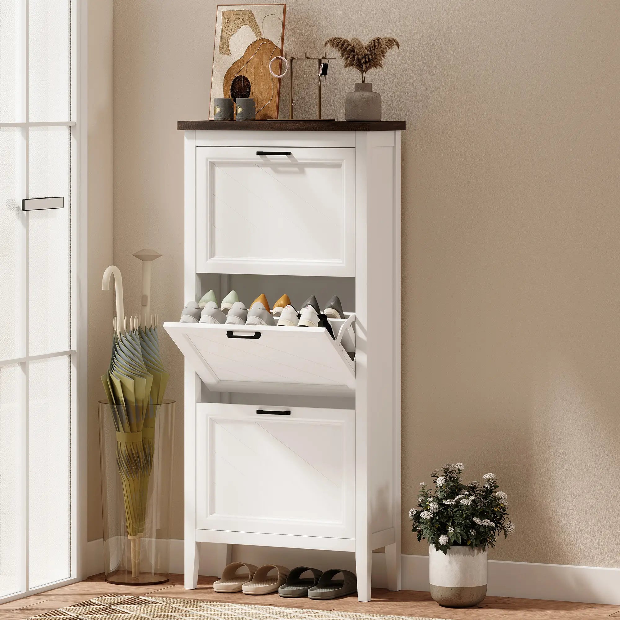 Shoe Cabinet with 3 Flip Drawers, Farmhouse Narrow Shoe Storage Cabinet with Adjustable Shelves, White Shoe Storage Cabinets & Racks at Gallery Canada