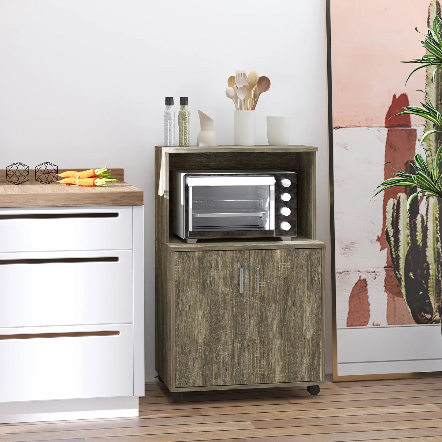 Microwave Cart on Wheels, 2-Door Cabinet, Grey Wood Grain, Grey Kitchen Pantry Cabinets at Gallery Canada
