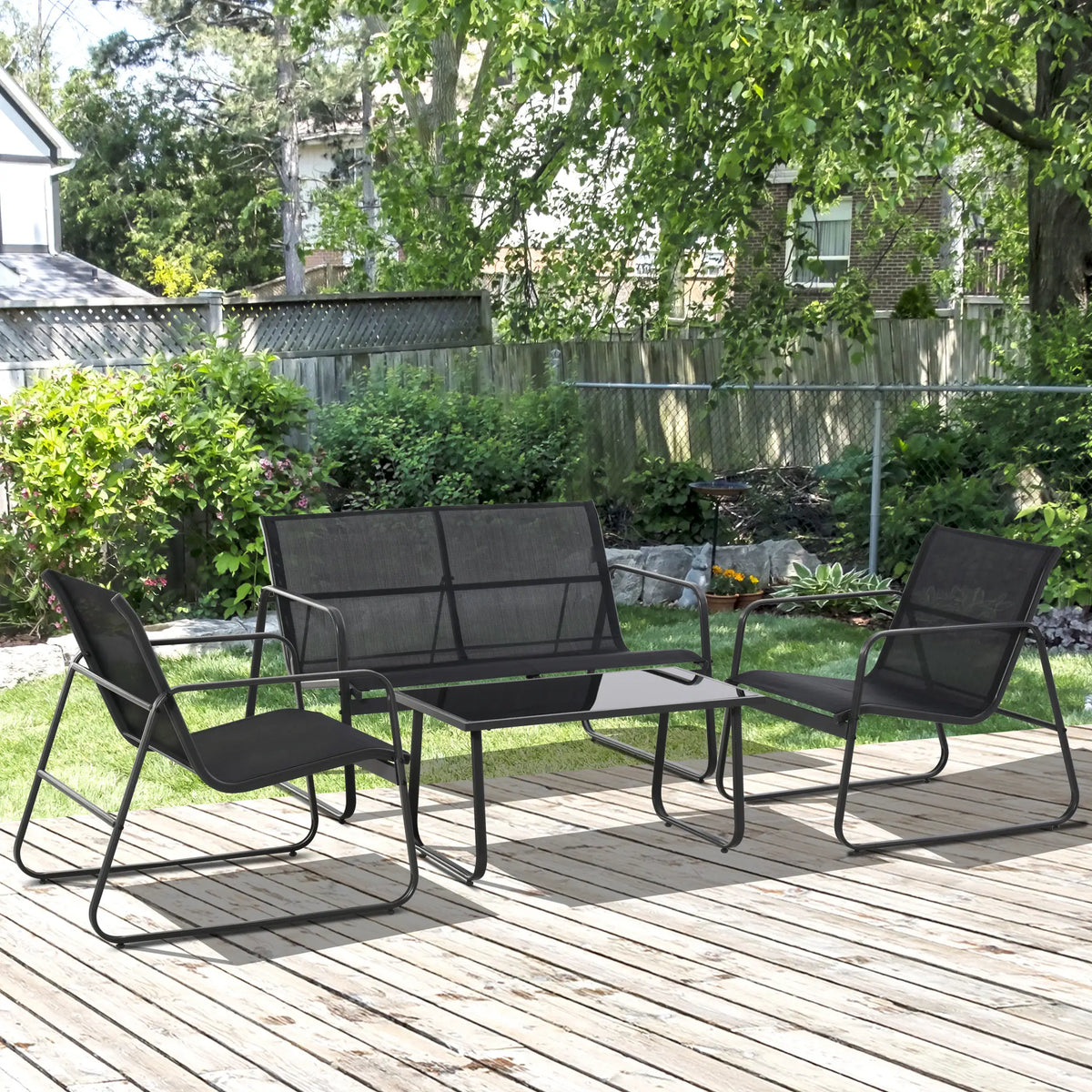 Ensemble de mobilier de patio 4 pièces, canapé deux places, fauteuils, table basse, noir