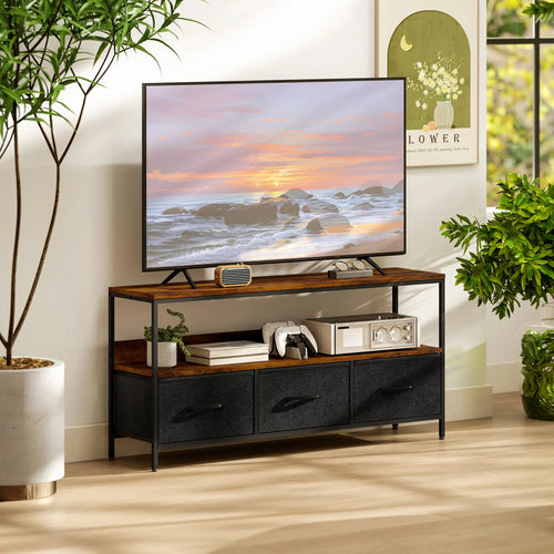 TV Stand with Charging Station, 3 Foldable Drawers, 55 Inch, Rustic Brown