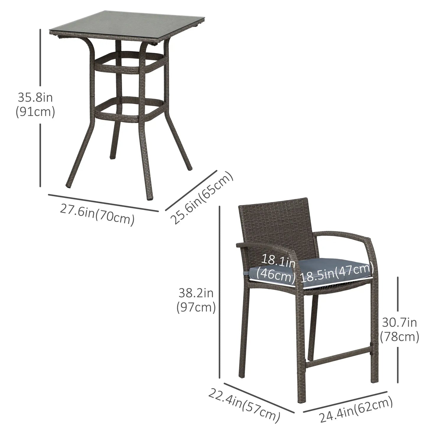 3-Piece Patio Bar Set, Wicker Bistro, PE Rattan Table and Stools, Grey Bistro Sets at Gallery Canada