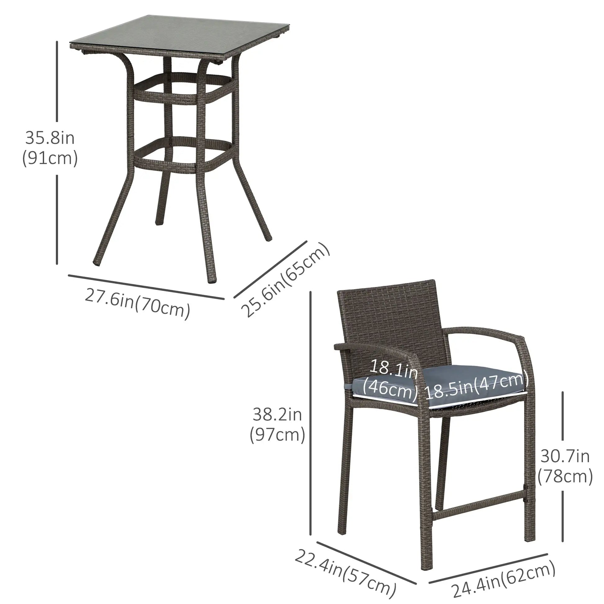 3-Piece Patio Bar Set, Wicker Bistro, PE Rattan Table and Stools, Grey Bistro Sets at Gallery Canada