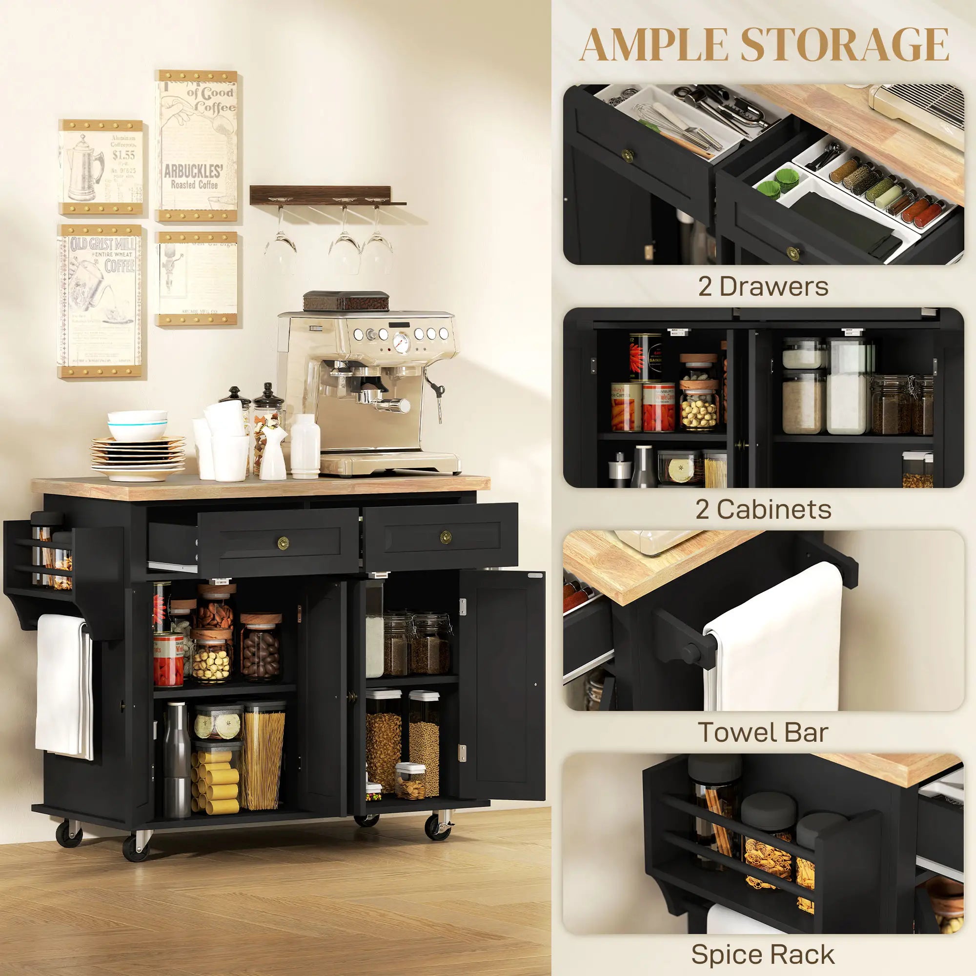 Kitchen Island with Storage, Rolling Trolley Cart with Rubber Wood Top, Spice Rack, Towel Rack, Black Kitchen Islands & Kitchen Carts at Gallery Canada