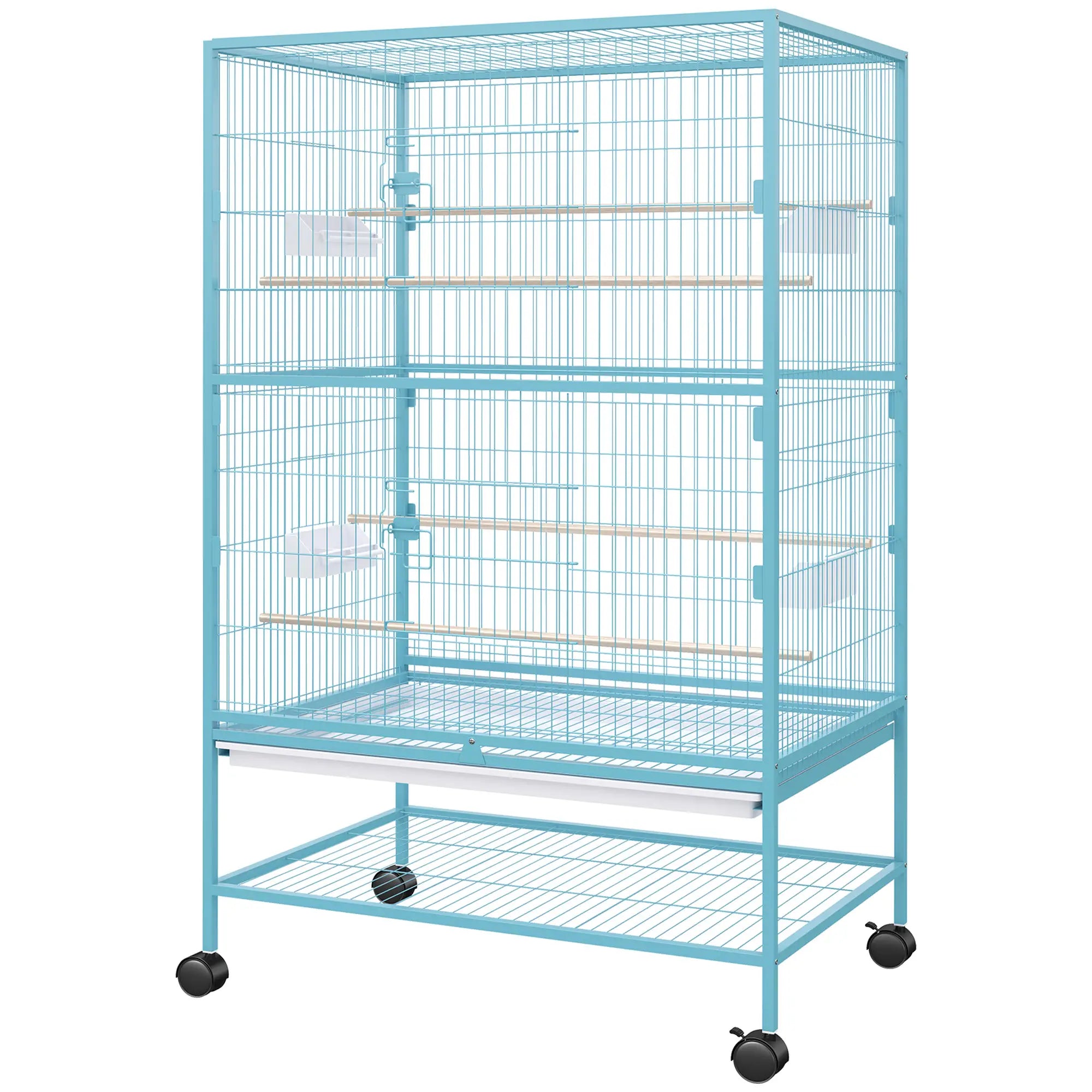 52'' Large Rolling Steel Bird Cage Bird House with Rolling Stand, Storage Shelf, Wood Perch, Food Container, Light Blue Bird Cages Light Blue at Gallery Canada