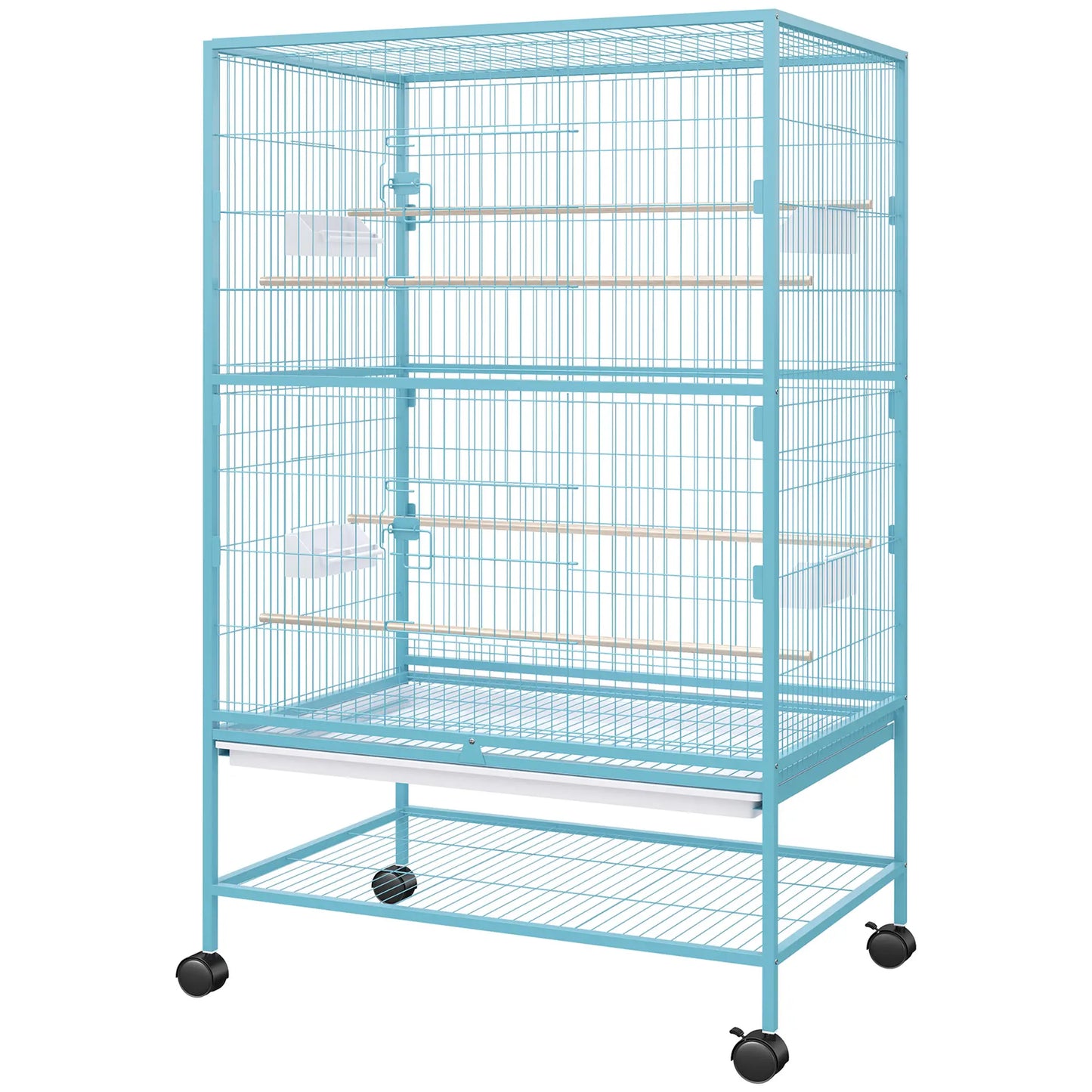 52'' Large Rolling Steel Bird Cage Bird House with Rolling Stand, Storage Shelf, Wood Perch, Food Container, Light Blue Bird Cages Light Blue at Gallery Canada