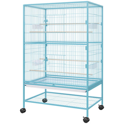 52'' Large Rolling Steel Bird Cage Bird House with Rolling Stand, Storage Shelf, Wood Perch, Food Container, Light Blue Bird Cages Light Blue at Gallery Canada