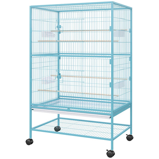 52'' Large Rolling Steel Bird Cage Bird House with Rolling Stand, Storage Shelf, Wood Perch, Food Container, Light Blue Bird Cages Light Blue at Gallery Canada