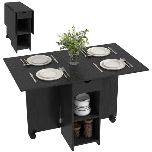 Folding Drop Leaf Kitchen Table with Drawer and Shelves, Black