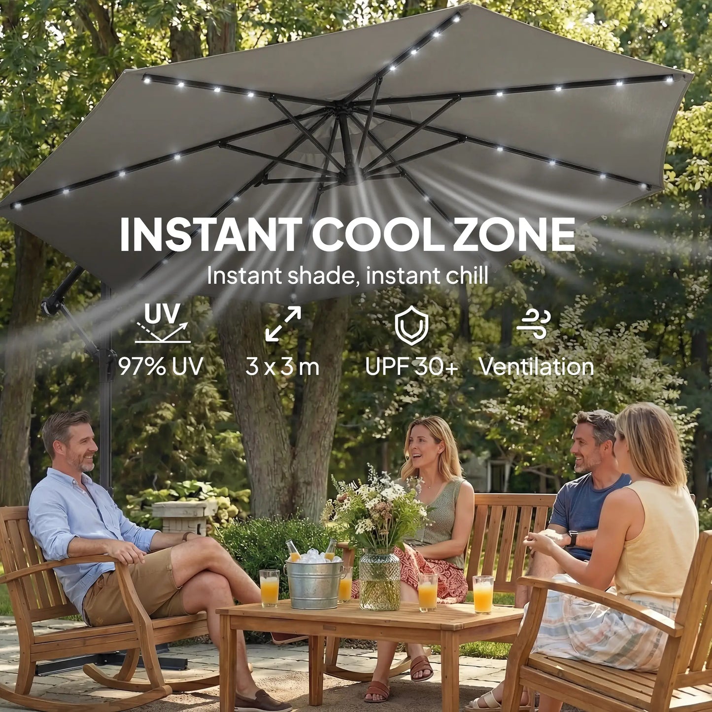 9.7 ft Cantilever Patio Umbrella, Solar Light, Tilt Crank, Grey Offset Cantilever Umbrellas at Gallery Canada