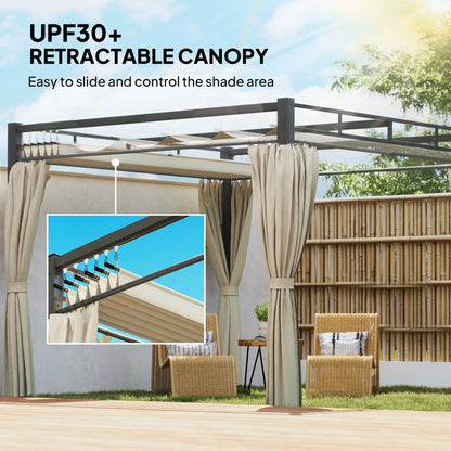 10' x 10' Outdoor Gazebo, Retractable Pergola Canopy With Curtains, Beige