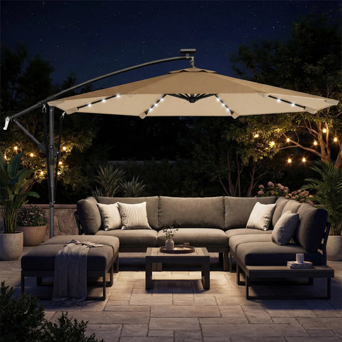 9.7ft Solar LED Cantilever Patio Umbrella, 32 Lights, Cross Base, Crank Handle, Khaki