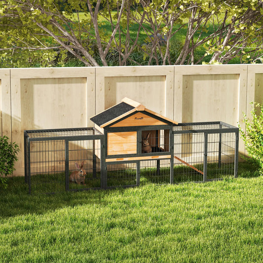 85"L Grande Cage en Bois pour Lapin, Cage de Lapin Extérieure Avec Boîte de Course, Jaune