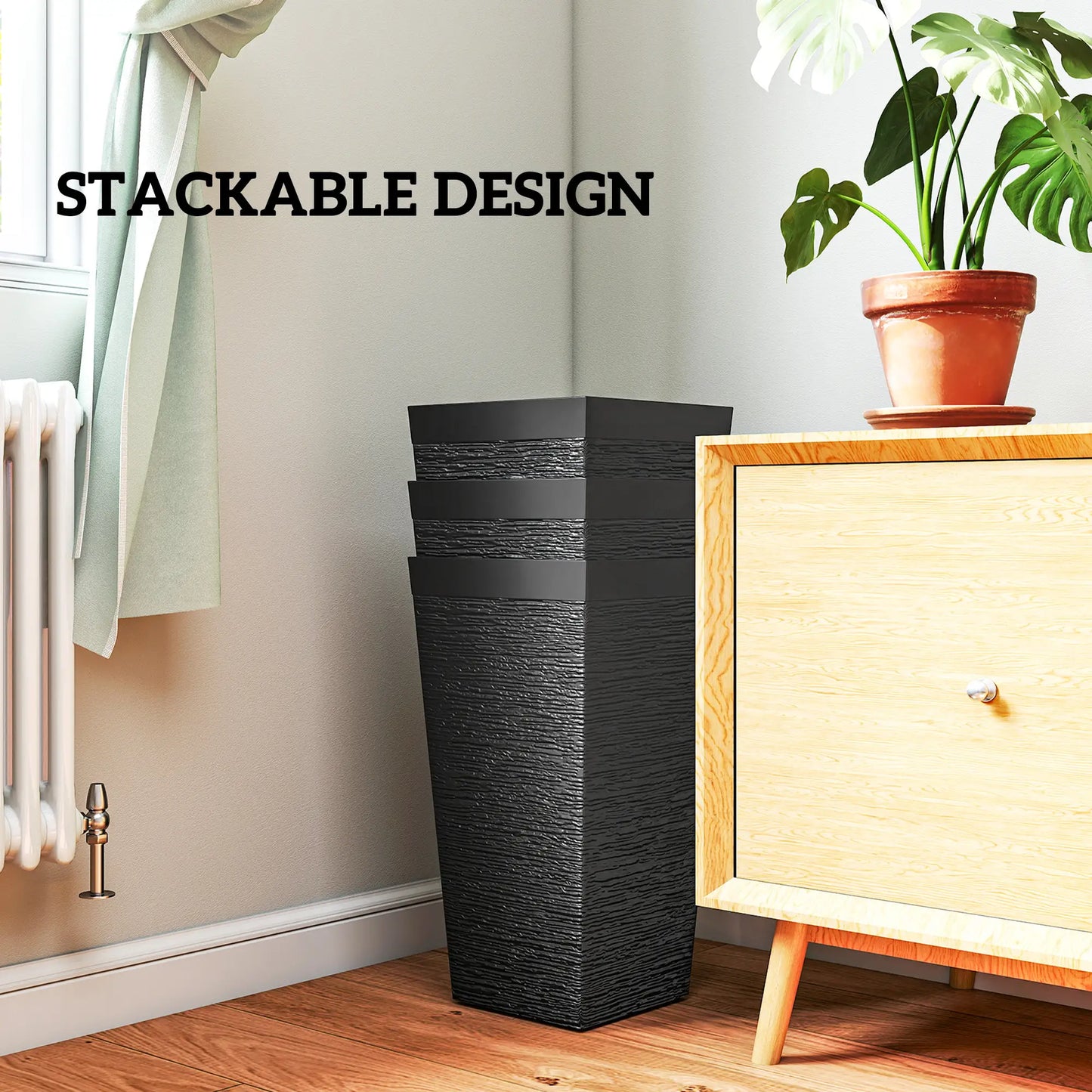 22.8" Tall Planters Set of 3, Stone Finish, Wheels, Drainage, Black Garden Accessories at Gallery Canada