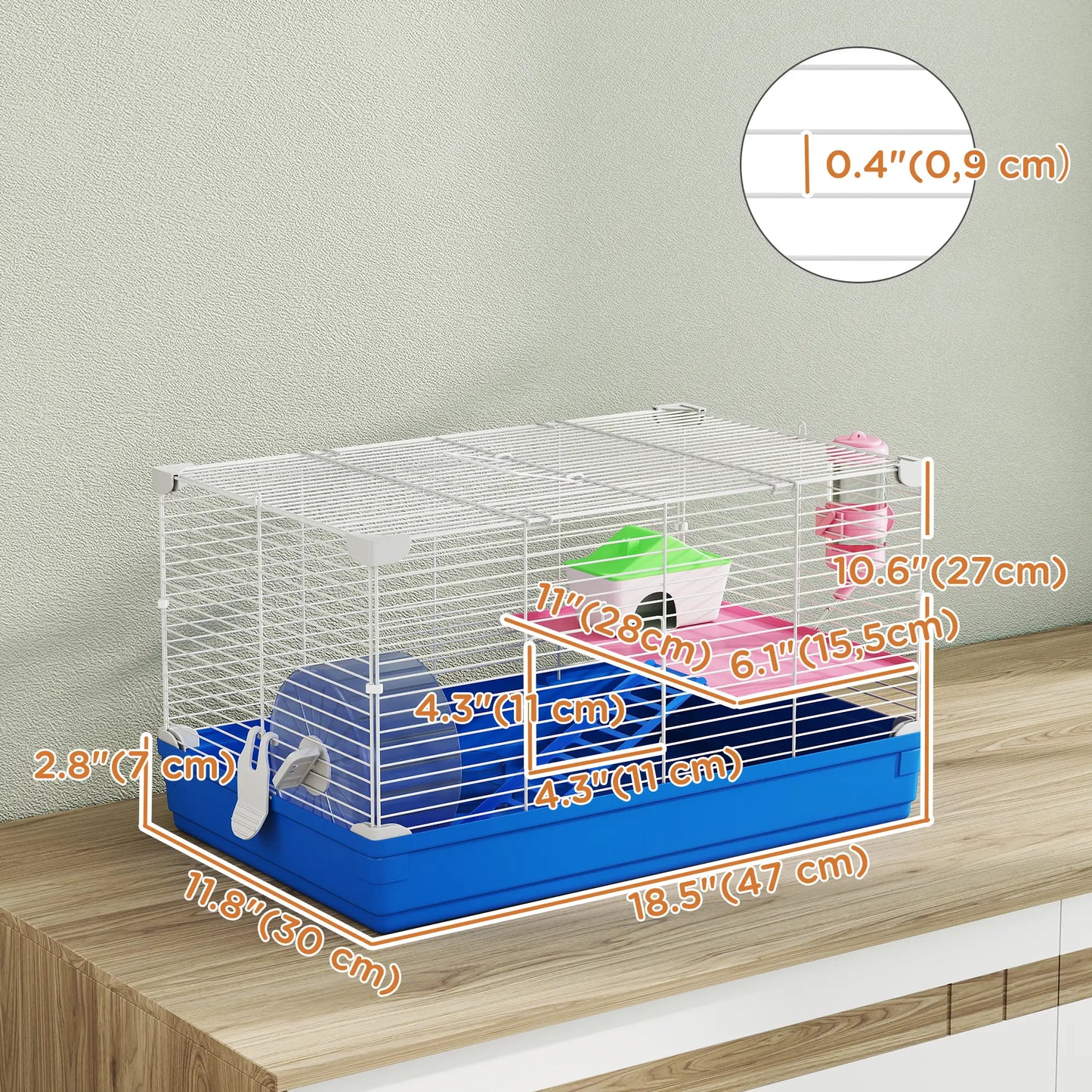 Cage à hamster de 18,5" avec roue, biberon et bol, 2 étages
