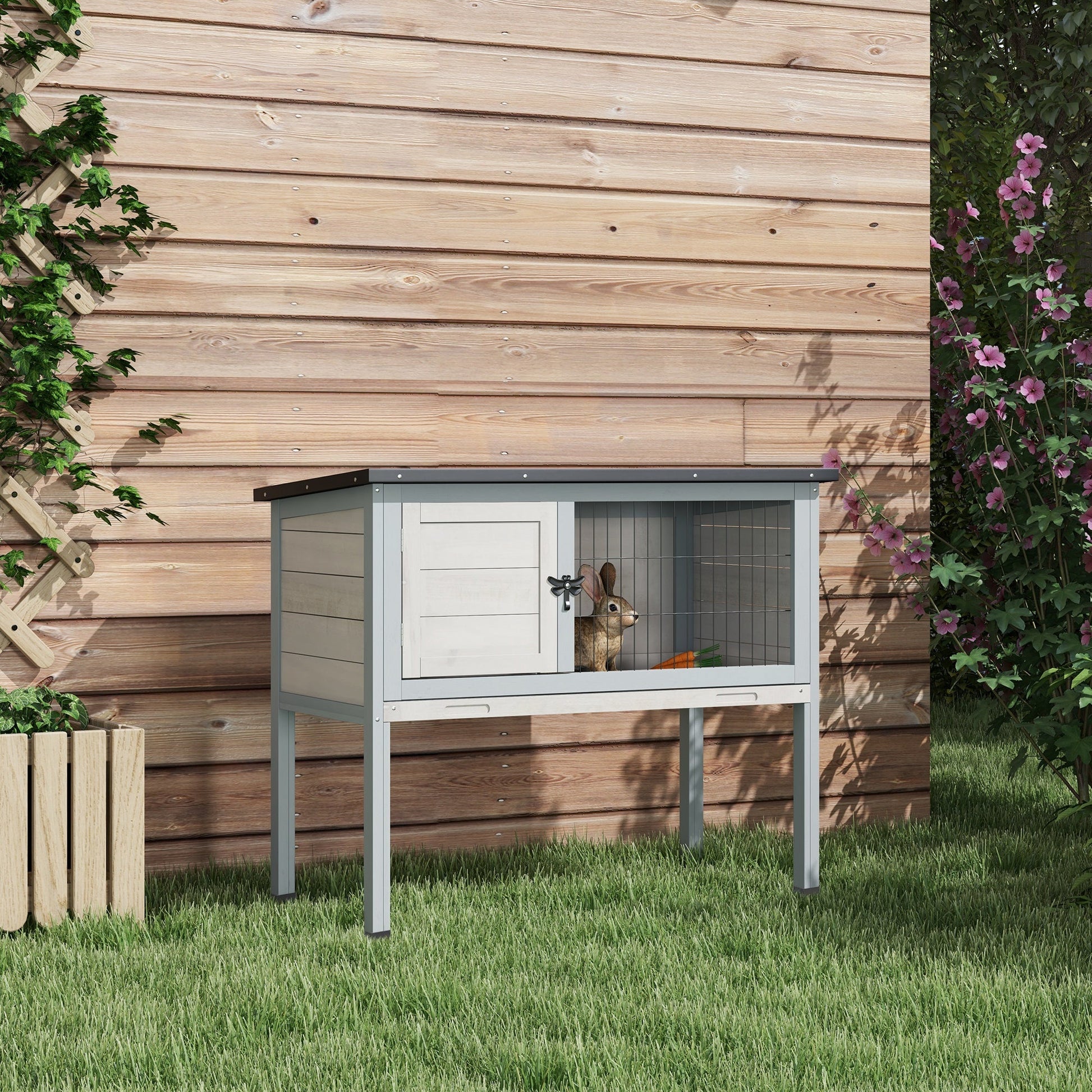 Wooden Rabbit Hutch with Openable Asphalt Roof, Tray, Grey at Gallery Canada