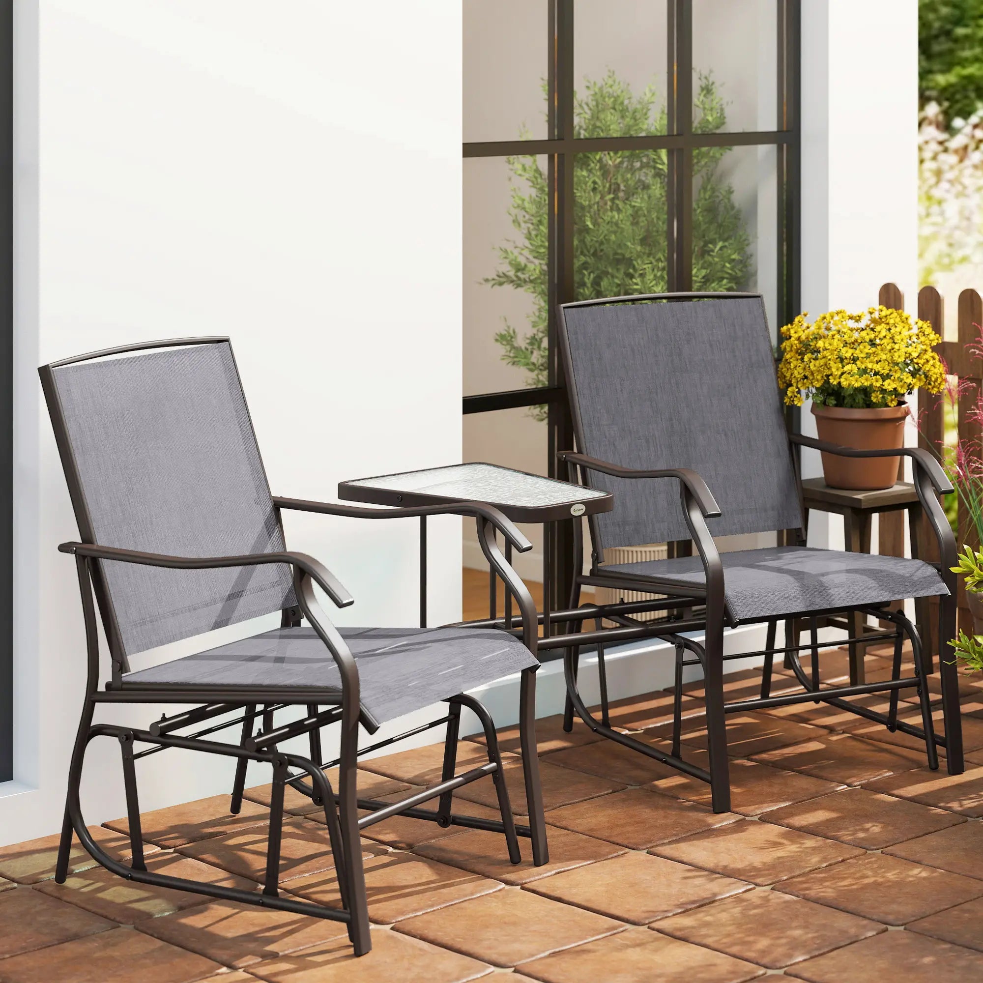 Double Glider Chair with Glass Top Table, Outdoor High Back, Grey Outdoor Gliders at Gallery Canada