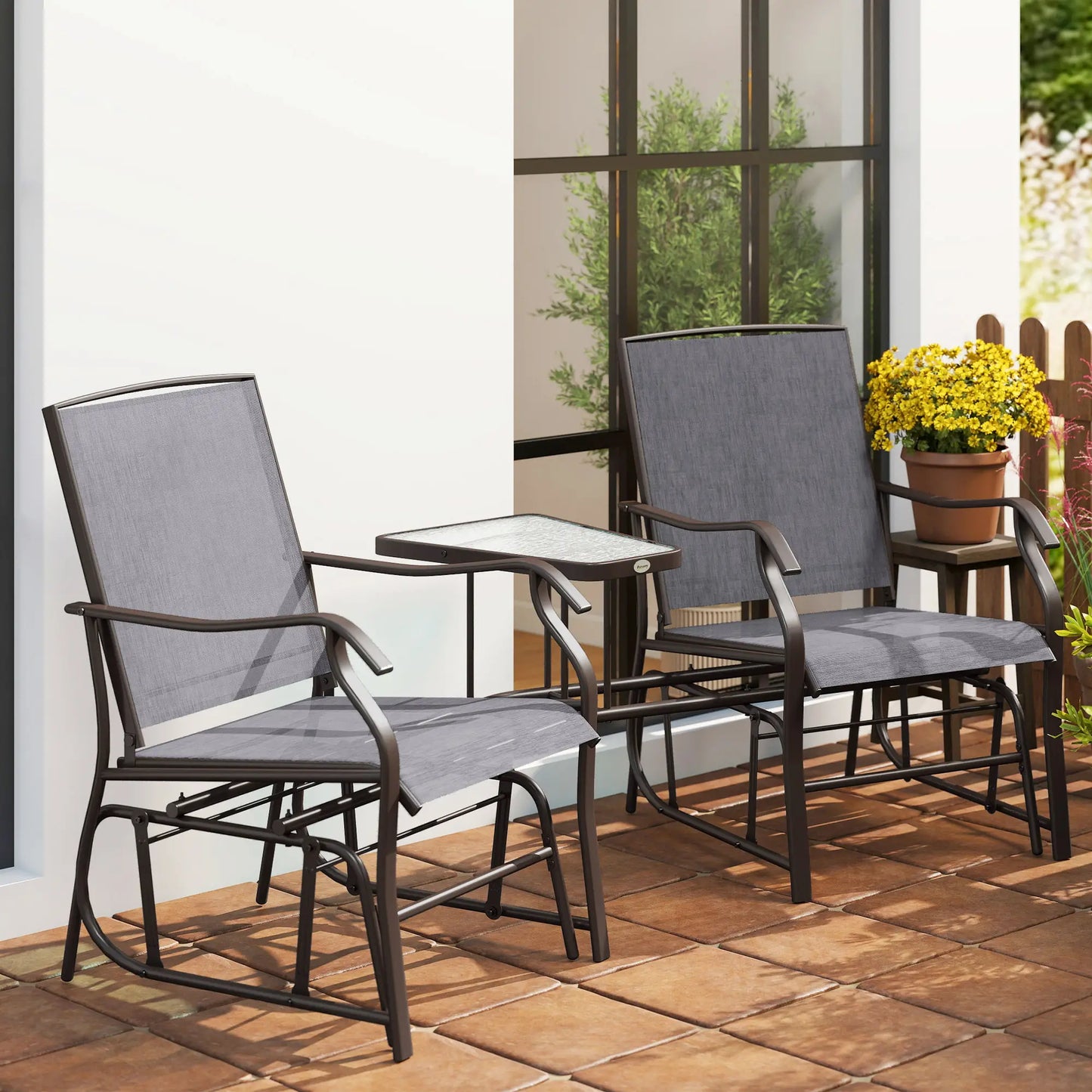Double Glider Chair with Glass Top Table, Outdoor High Back, Grey Outdoor Gliders at Gallery Canada