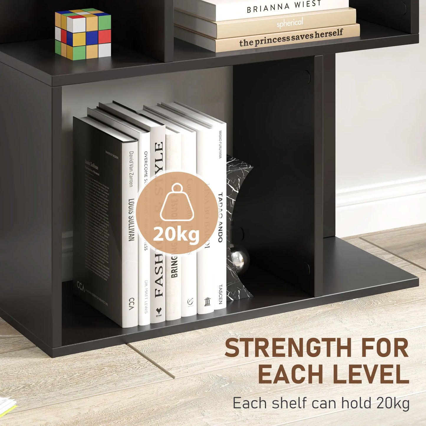 5-Tier Geometric Bookshelf, S Shaped Bookcase, Black Display Bookshelves at Gallery Canada