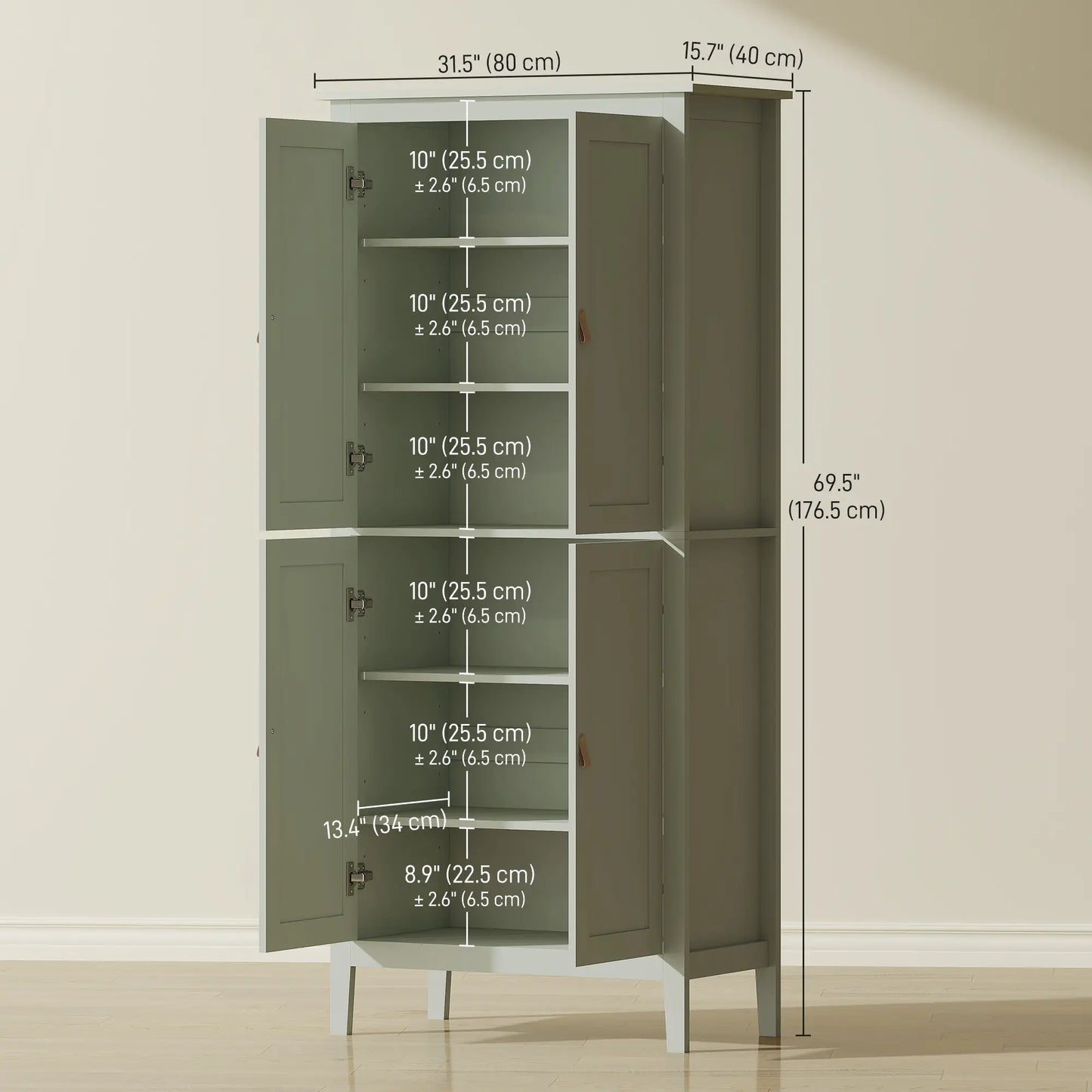 69.5" Tall Kitchen Pantry Cabinet, Motion Sensor LED Light, Green Kitchen Pantry Cabinets at Gallery Canada