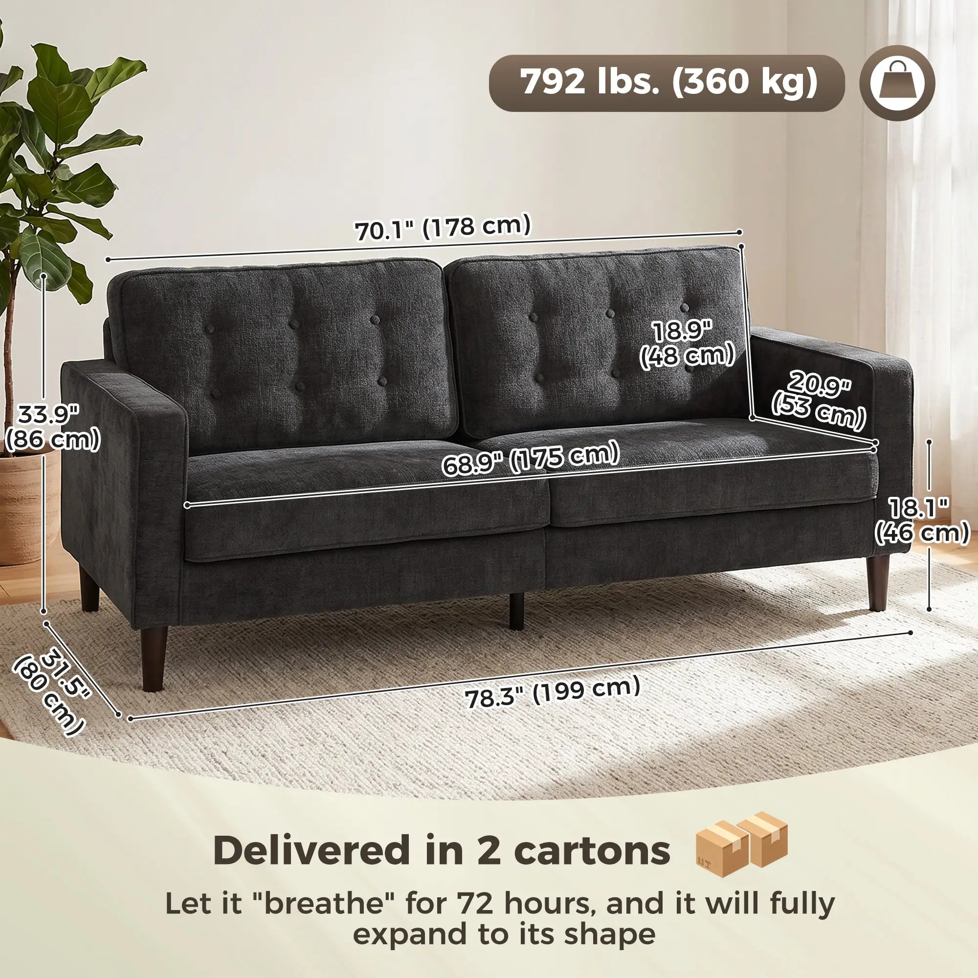 3 Seater Sofa Upholstered with Padded Cushion Modern Button Tufted Couch with Wood Legs, Dark Grey 3-Seater Sofas at Gallery Canada