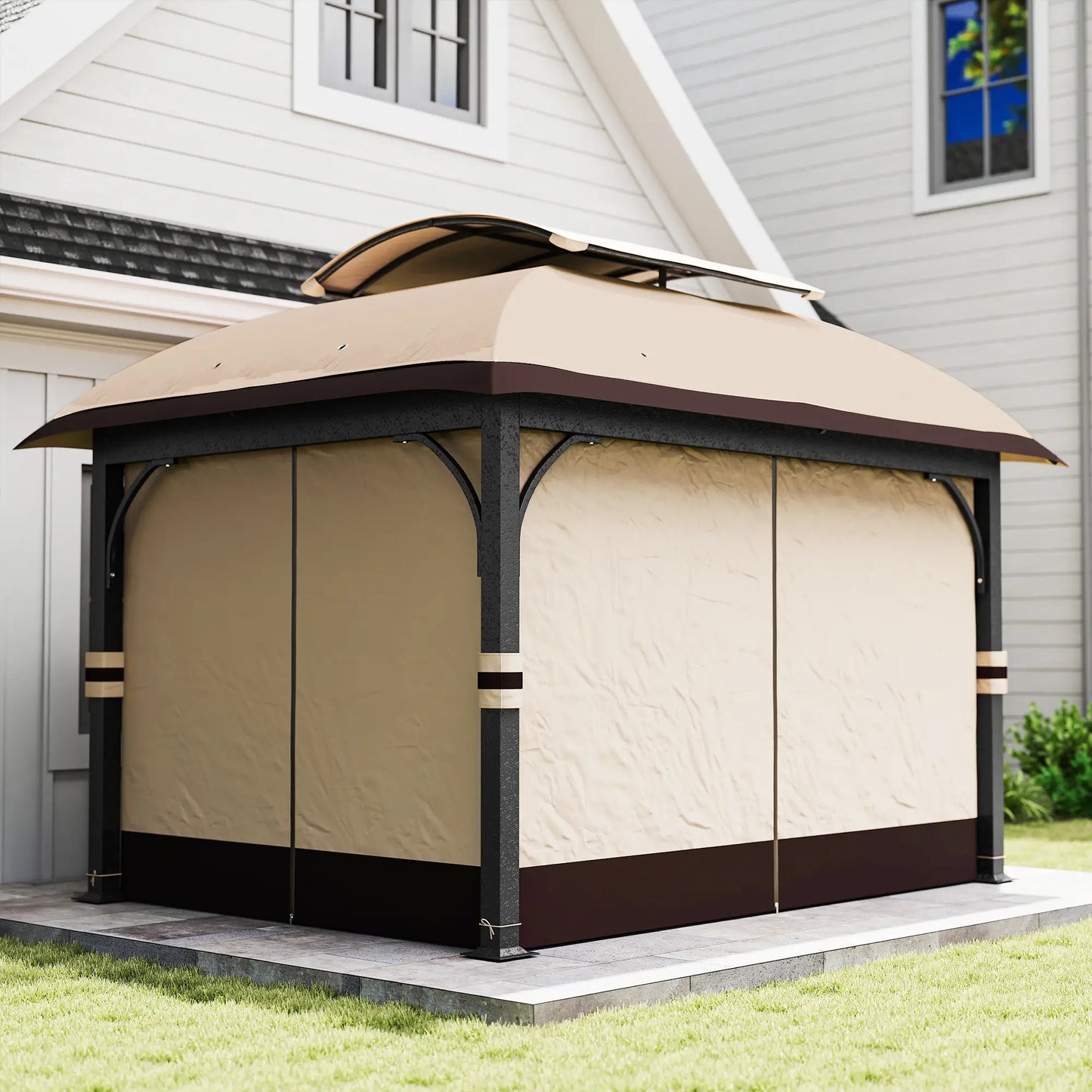 11' x 13' Patio Gazebo, Double Roof Canopy with Netting, Galvanized Frame, Khaki Gazebos at Gallery Canada