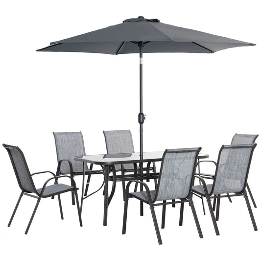 8 Piece Patio Dining Set With Umbrella, 6 Chairs, Grey Bistro Sets Mixed Grey at Gallery Canada