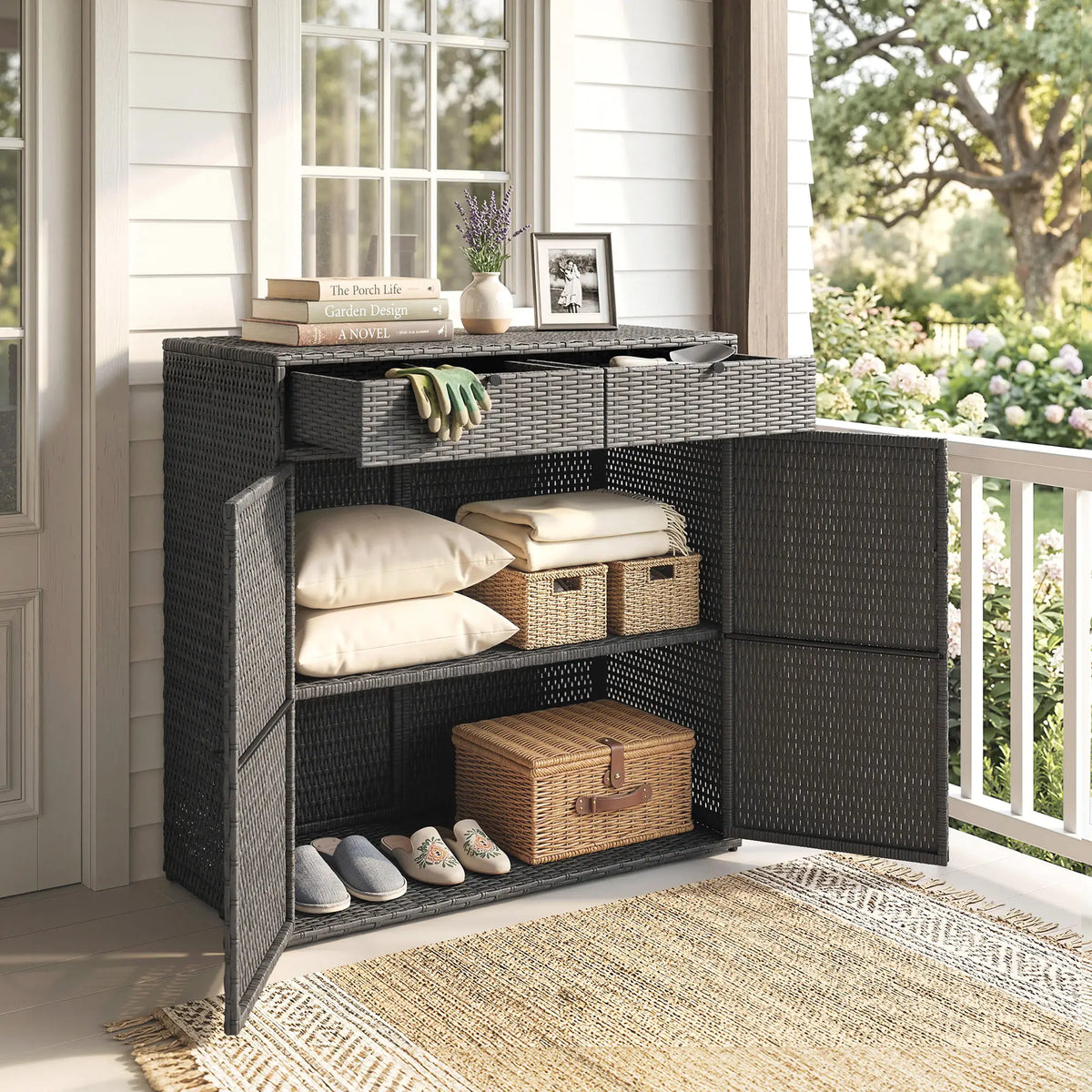 Wicker Outdoor Storage Cabinet, 2 Doors, Drawers, 2-Tier Shelf, Dark Grey Patio Storage Boxes at Gallery Canada