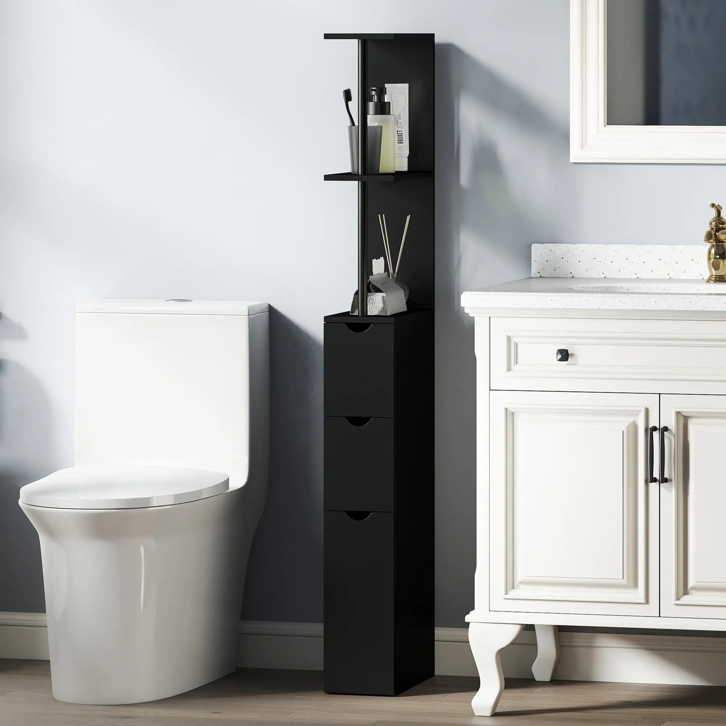 Tall Narrow Bathroom Storage Cabinet, Drawers and Shelves, Black Bathroom Cabinets at Gallery Canada