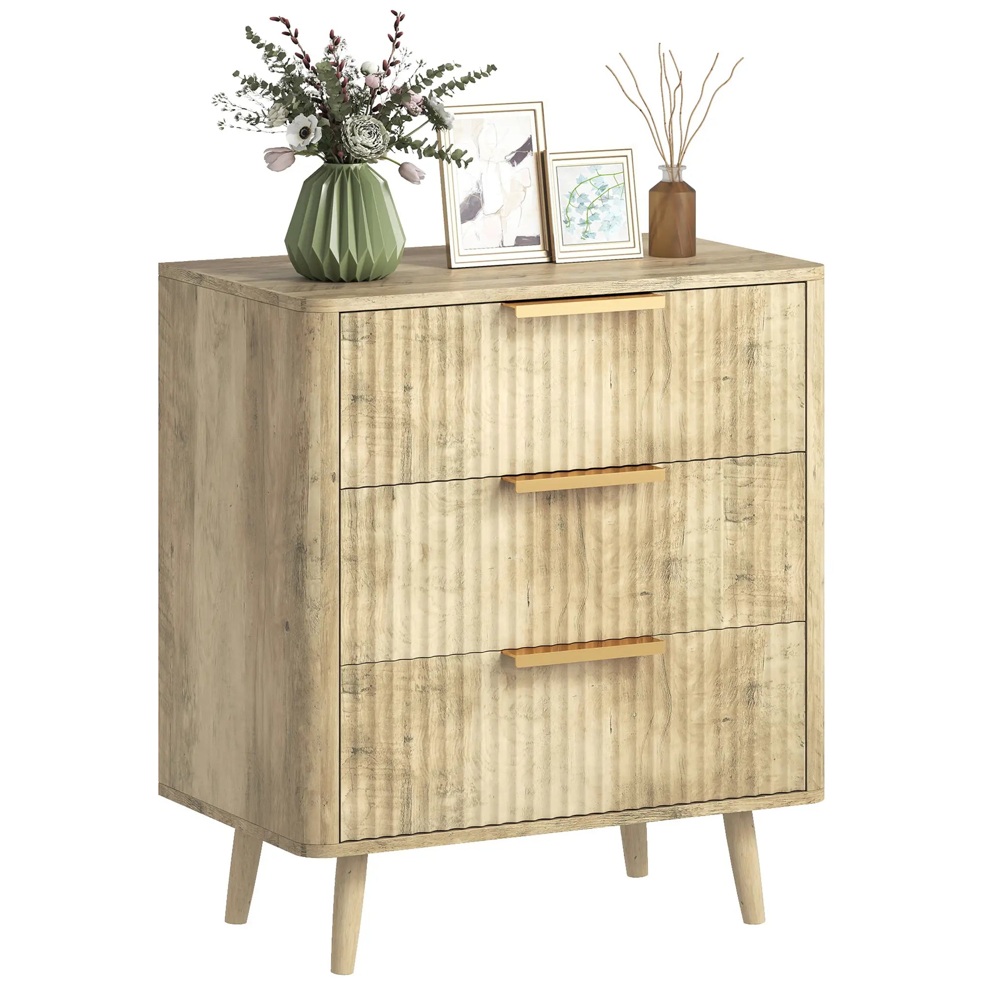 Fluted Chest of Drawers, Modern 3 Drawer Dresser with Pine Wood Legs, Oak Storage Cabinets at Gallery Canada