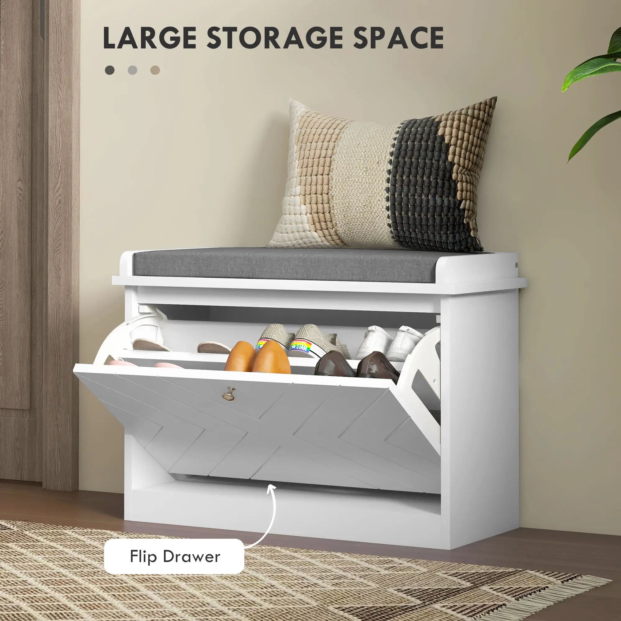 Upholstered Shoe Storage Bench with Flip Drawer, Adjustable Shelf, 6 Pairs Shoe Storage Cabinets & Racks at Gallery Canada