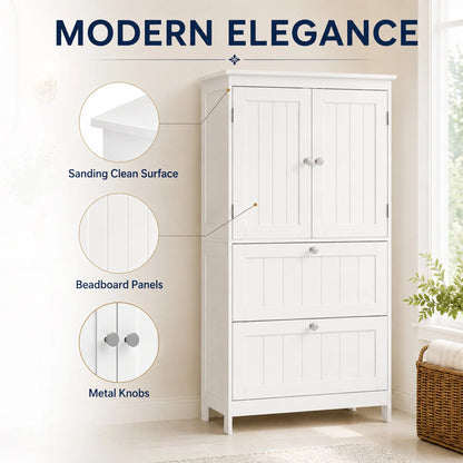 Narrow Bathroom Cabinet, 2 Drawers, Adjustable Shelf, White