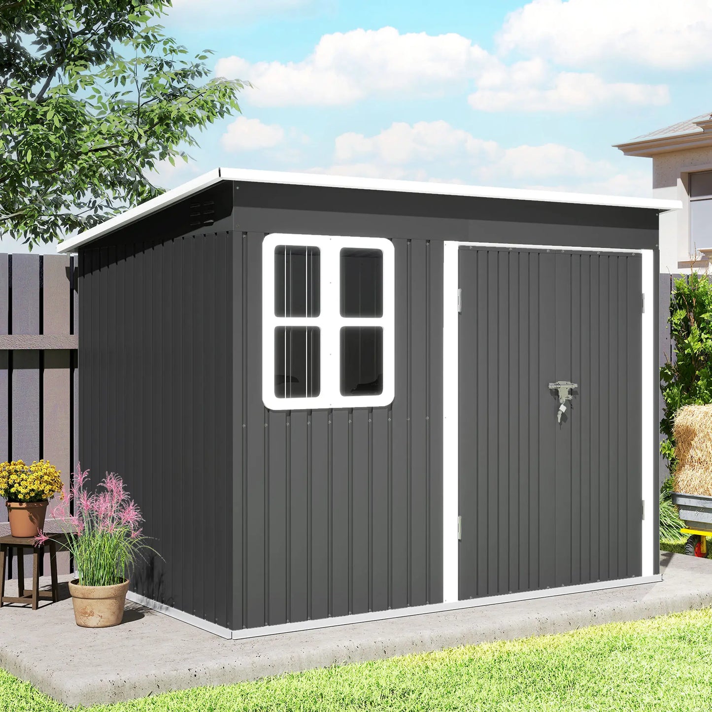 8.5' x 6' Galvanised Steel Outdoor Storage Shed, Lockable Doors, Dark Grey Sheds at Gallery Canada
